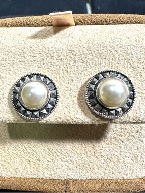 Vtg: .925 Sterling, Faux Pearl & Marcasite Stud Earrings